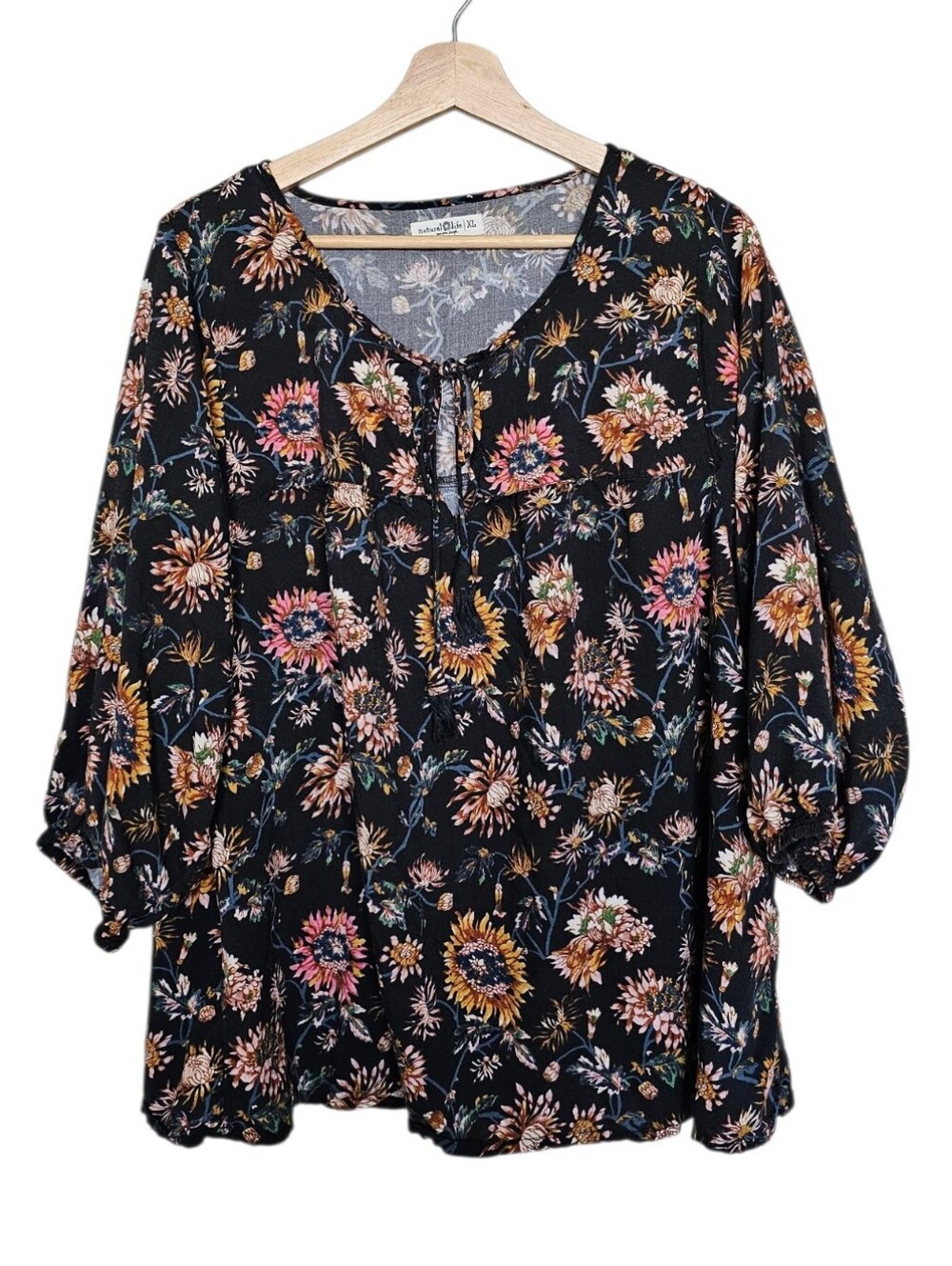NATURAL LIFE Black Floral Tie-Neck Peasant Tunic Blouse Top Size XL